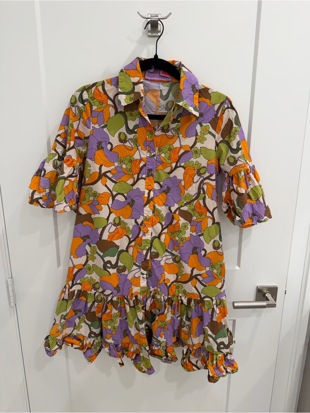 LaDoubleJ XS Floral Ruffle Button-Front Dress in Purple & Orange